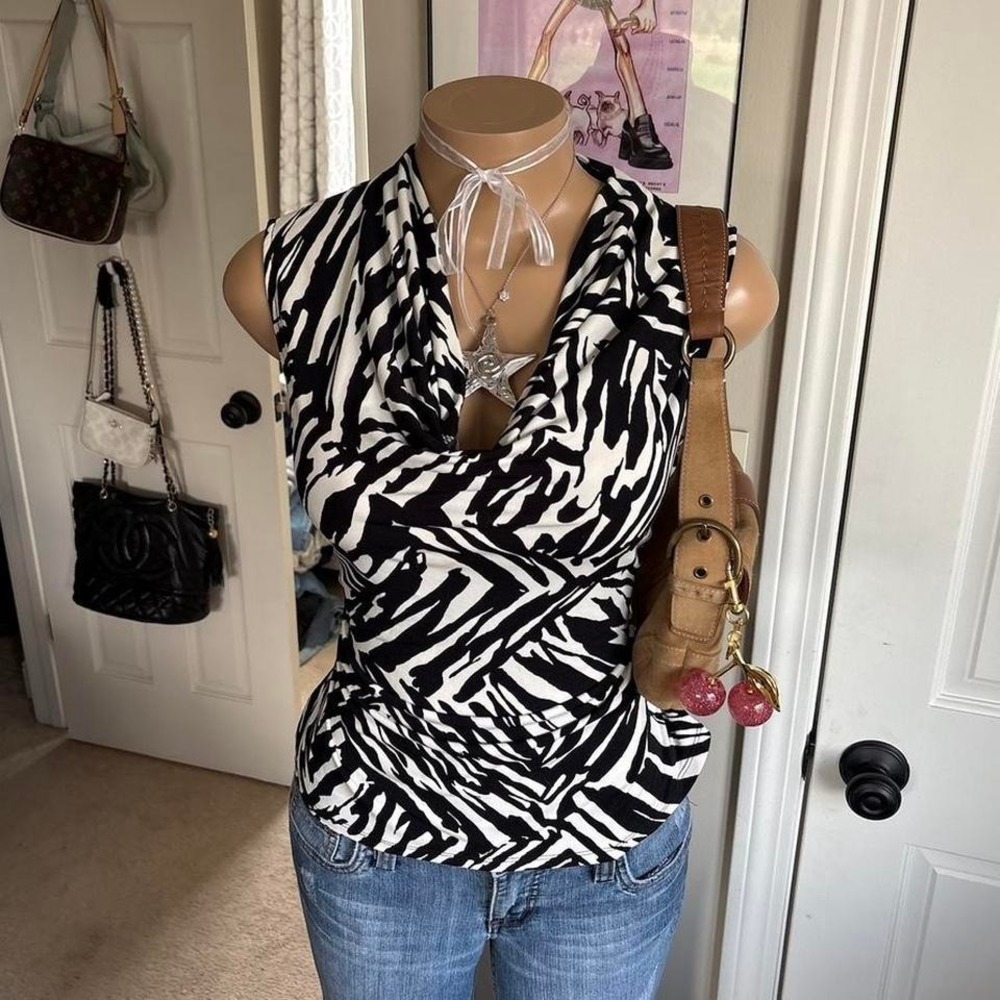 y2k 2000s jones studio zebra draped cowl neck tank top